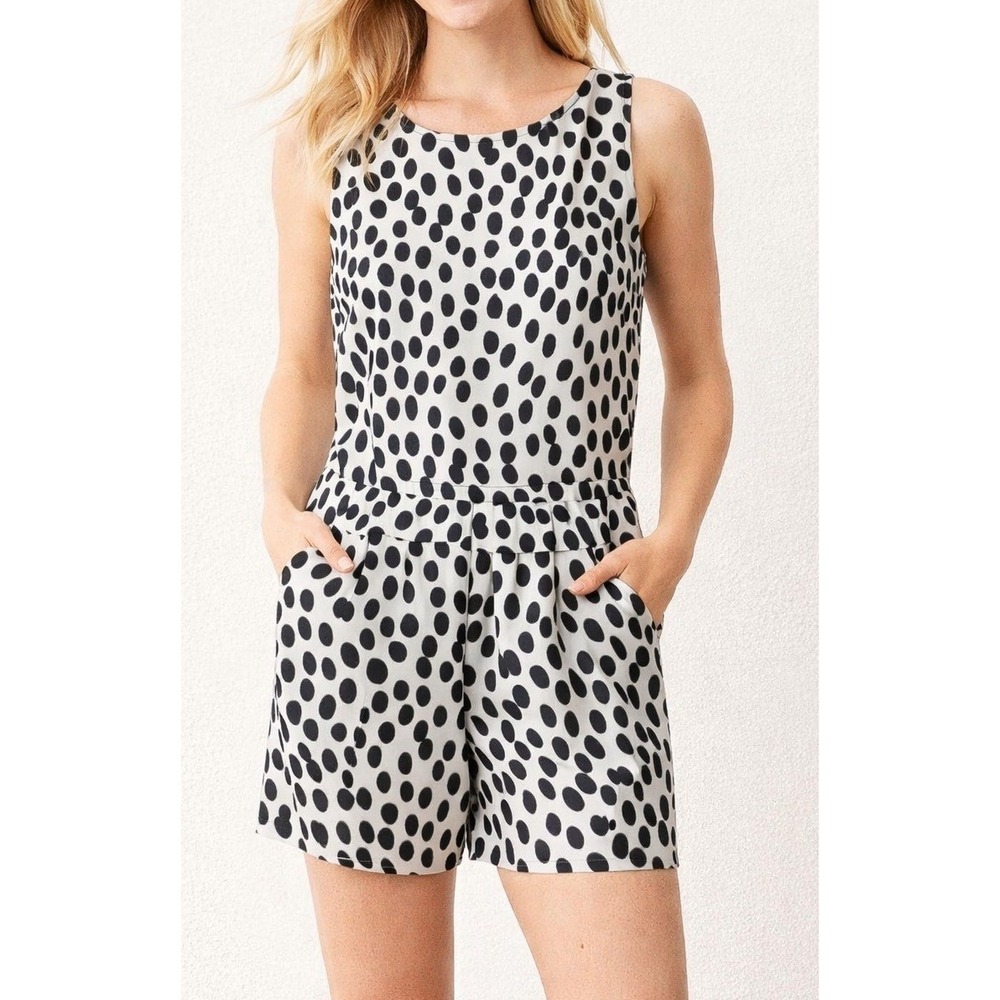 Ann Taylor LOFT Black White Polka Dot Sleeveless Romper Size 14 Side Zip